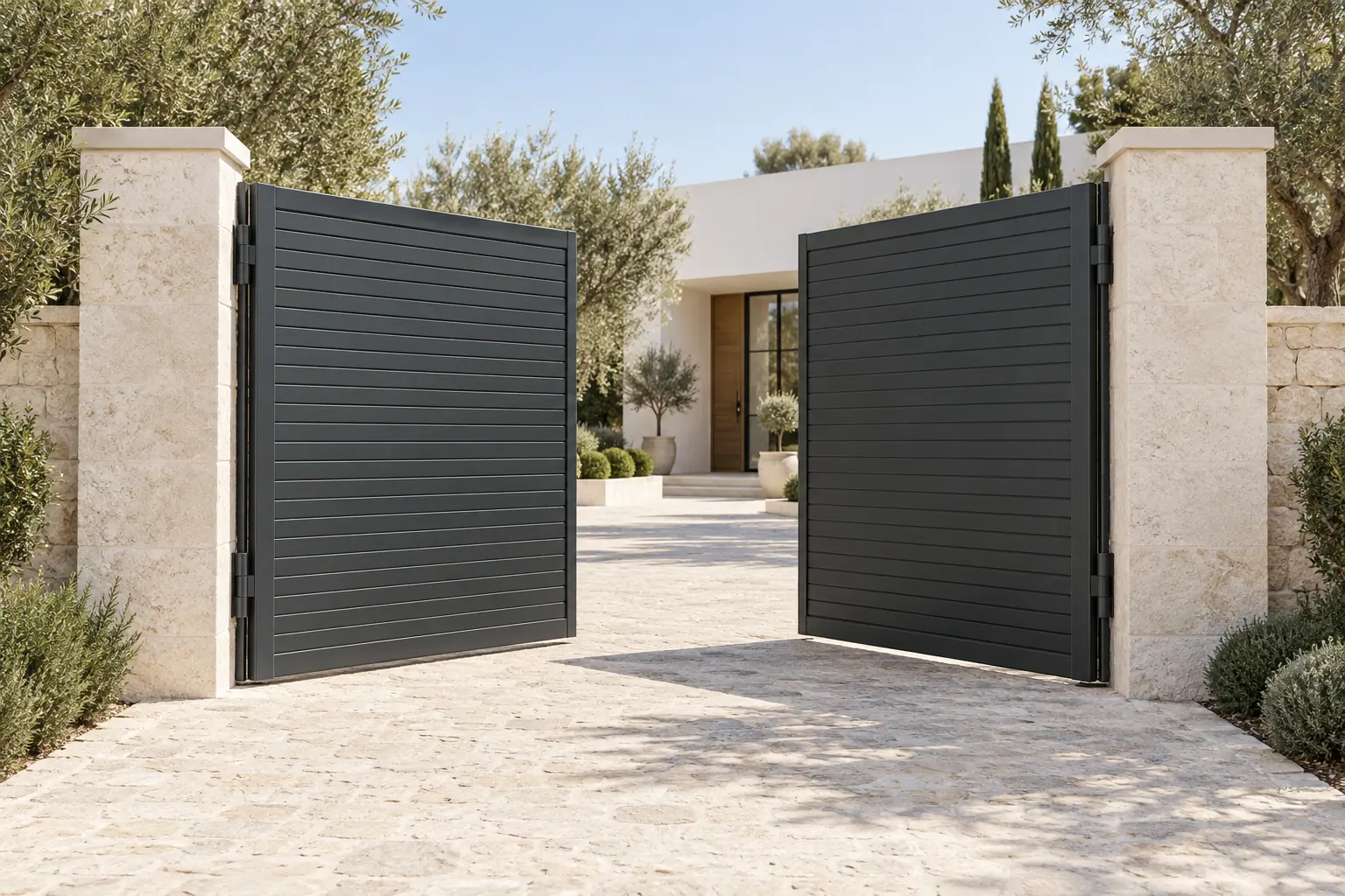 Visualización de una puerta abatible de dos hojas antracita abiertas hacia el interior, entre pilares de piedra clara