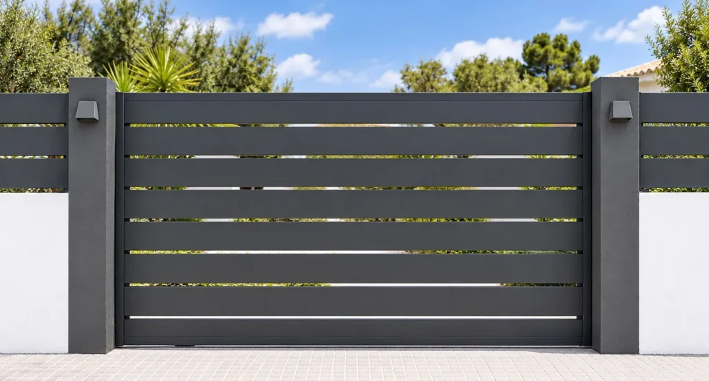 Puerta corredera Alu Abierta de aluminio con separación entre lamas horizontales