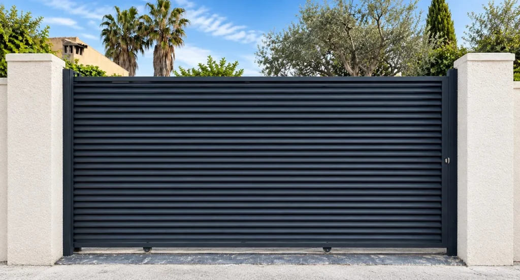 Puerta corredera Mallorquina con lamas horizontales inclinadas